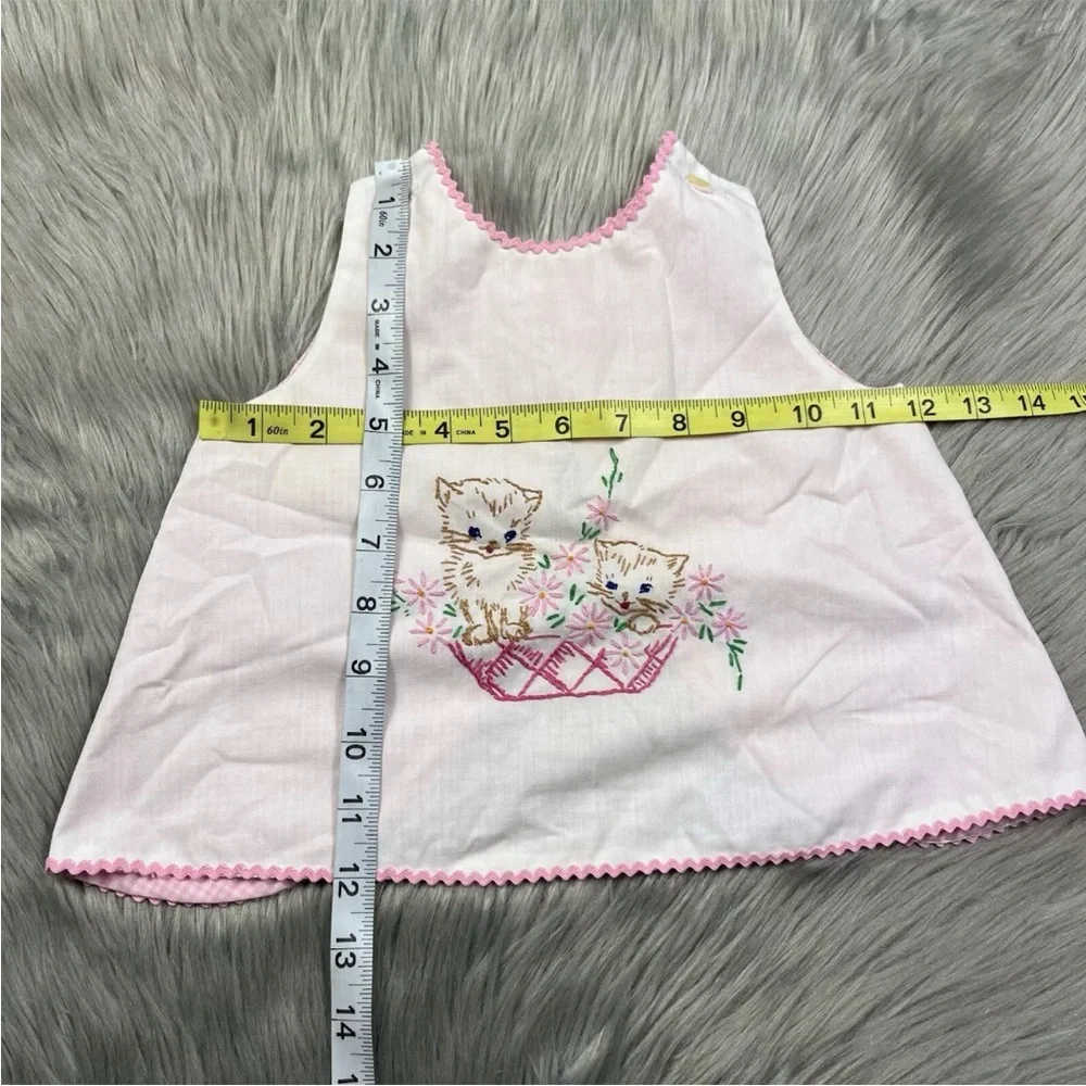 Vintage Handmade Toddler Girls Pink White Apron Top Kitty Cat Embroidery